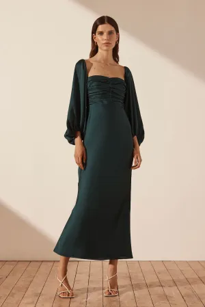 LUXE RUCHED BODICE LONG SLEEVE MIDI DRESS - EMERALD