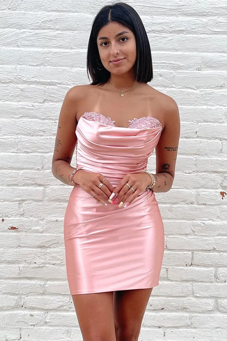 Mendy | Pink Strapless Ruched Bodycon Homecoming Dress