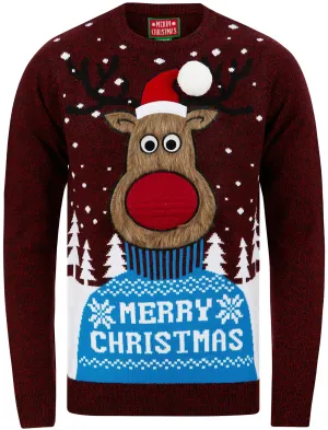 Men's Merry Deer Motif Novelty Christmas Jumper in Christmas Red / Black Twist - Merry Christmas