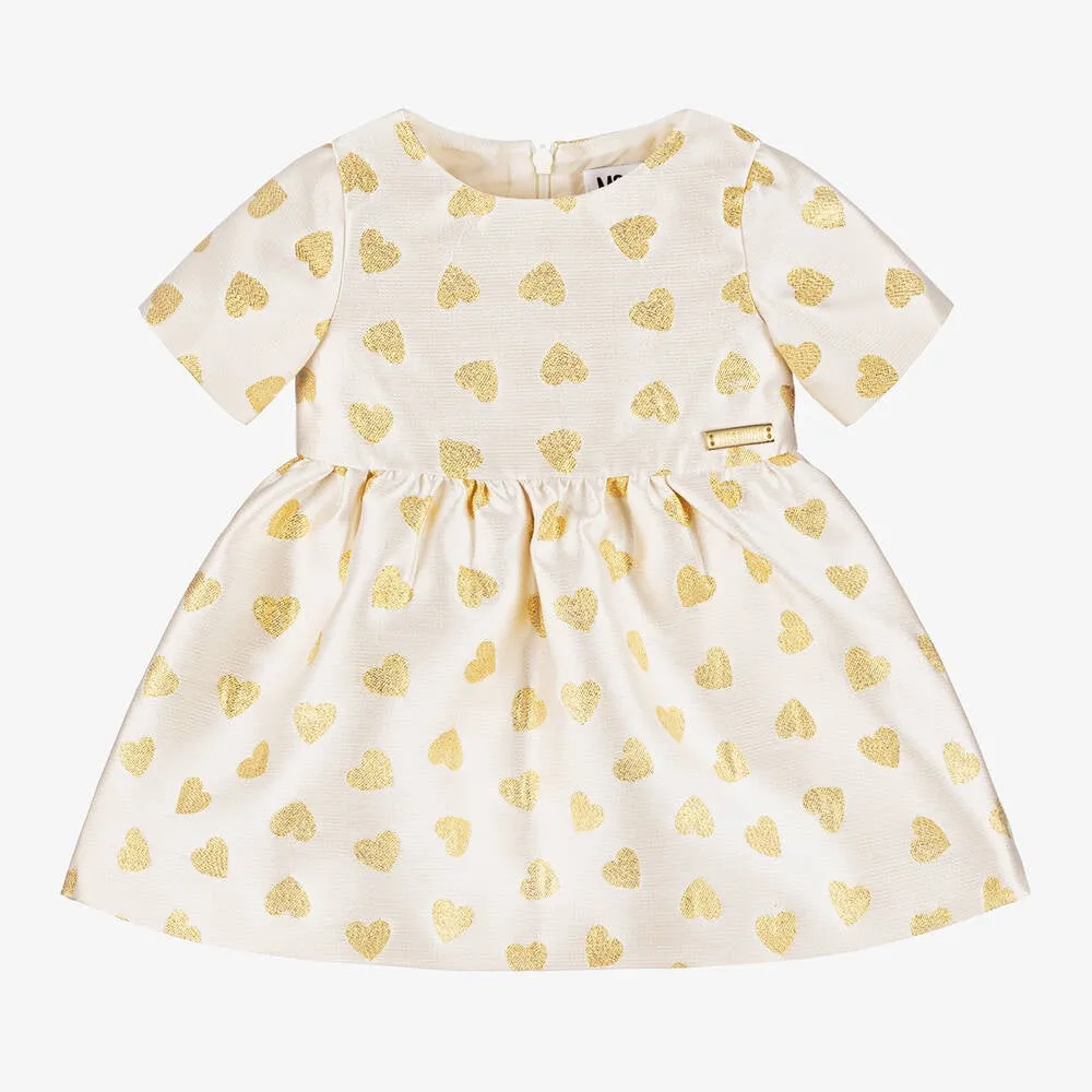 Moschino Girls Ivory & Gold Hearts Jacquard Dress