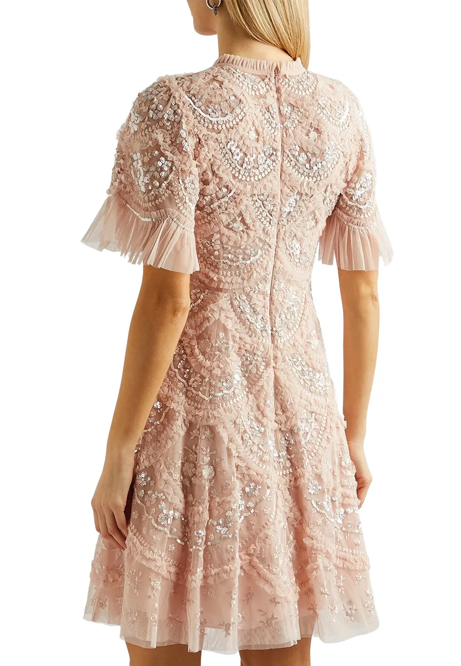 Nude Lily Bloom Embellished Sequins Flutter Sleeves Mini Dress