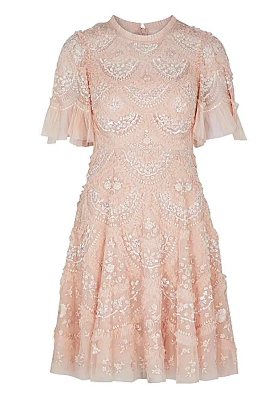 Nude Lily Bloom Embellished Sequins Flutter Sleeves Mini Dress
