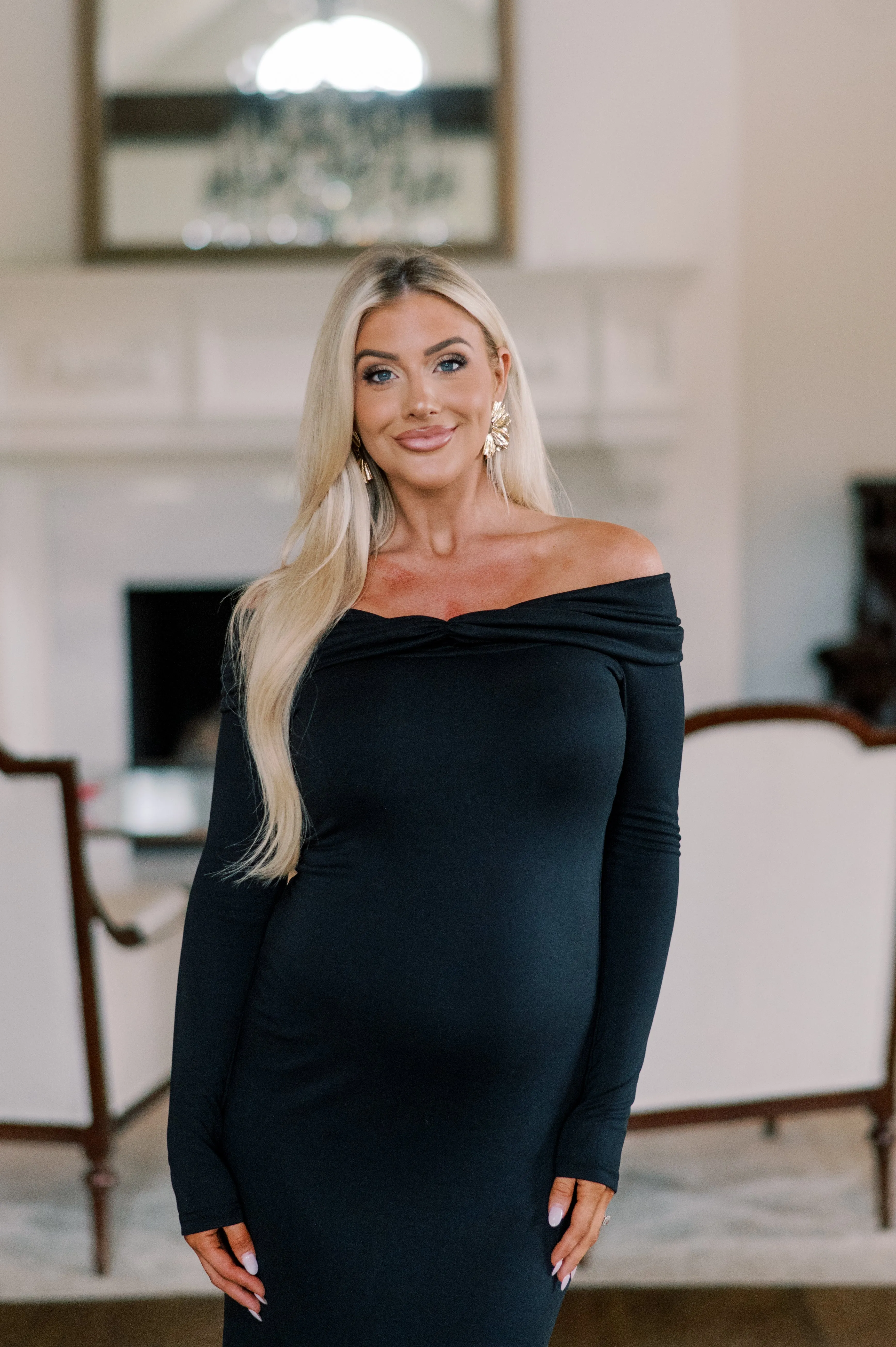 Off-Shoulder Ruched Maxi Dress- Black