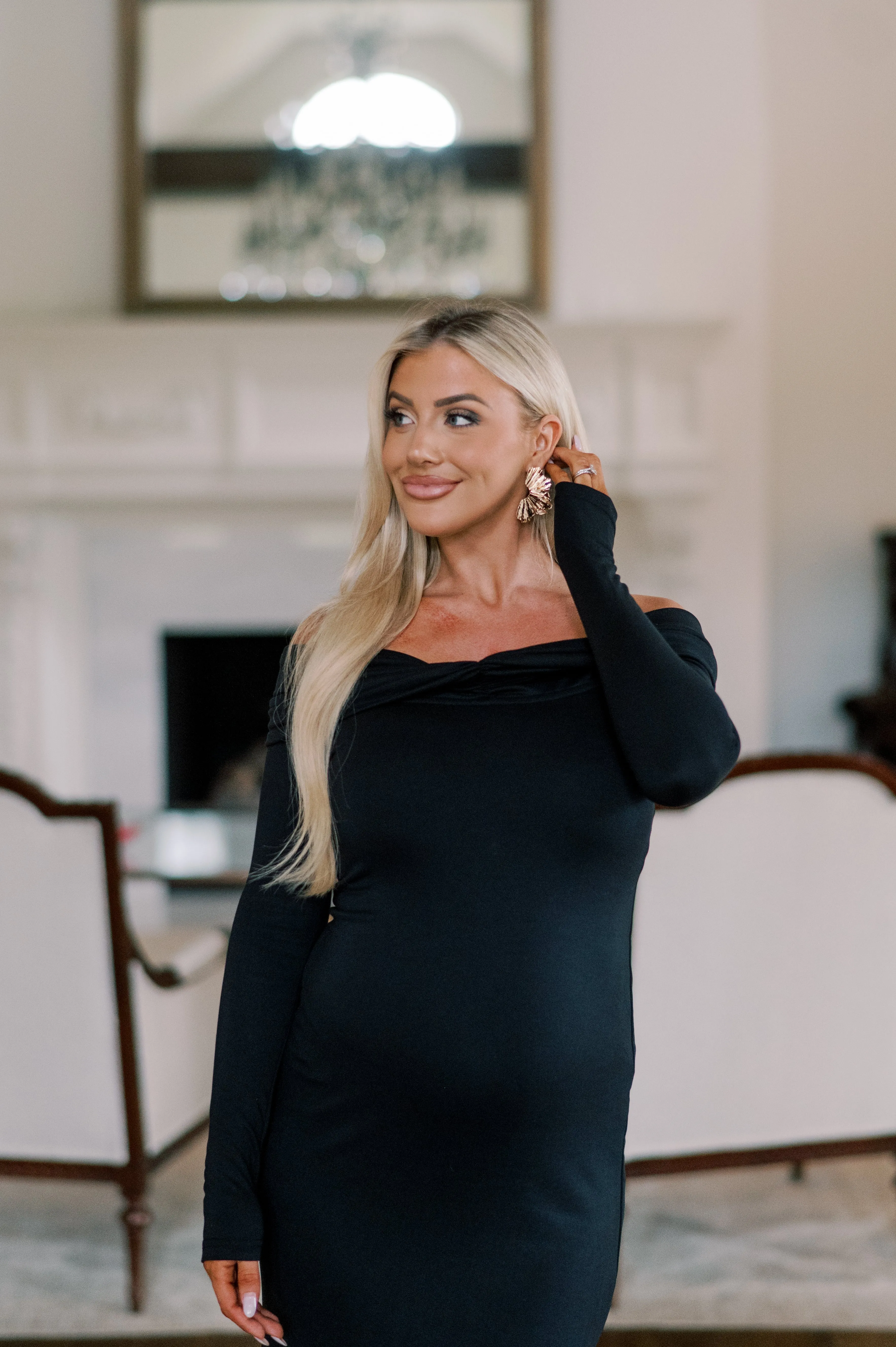 Off-Shoulder Ruched Maxi Dress- Black
