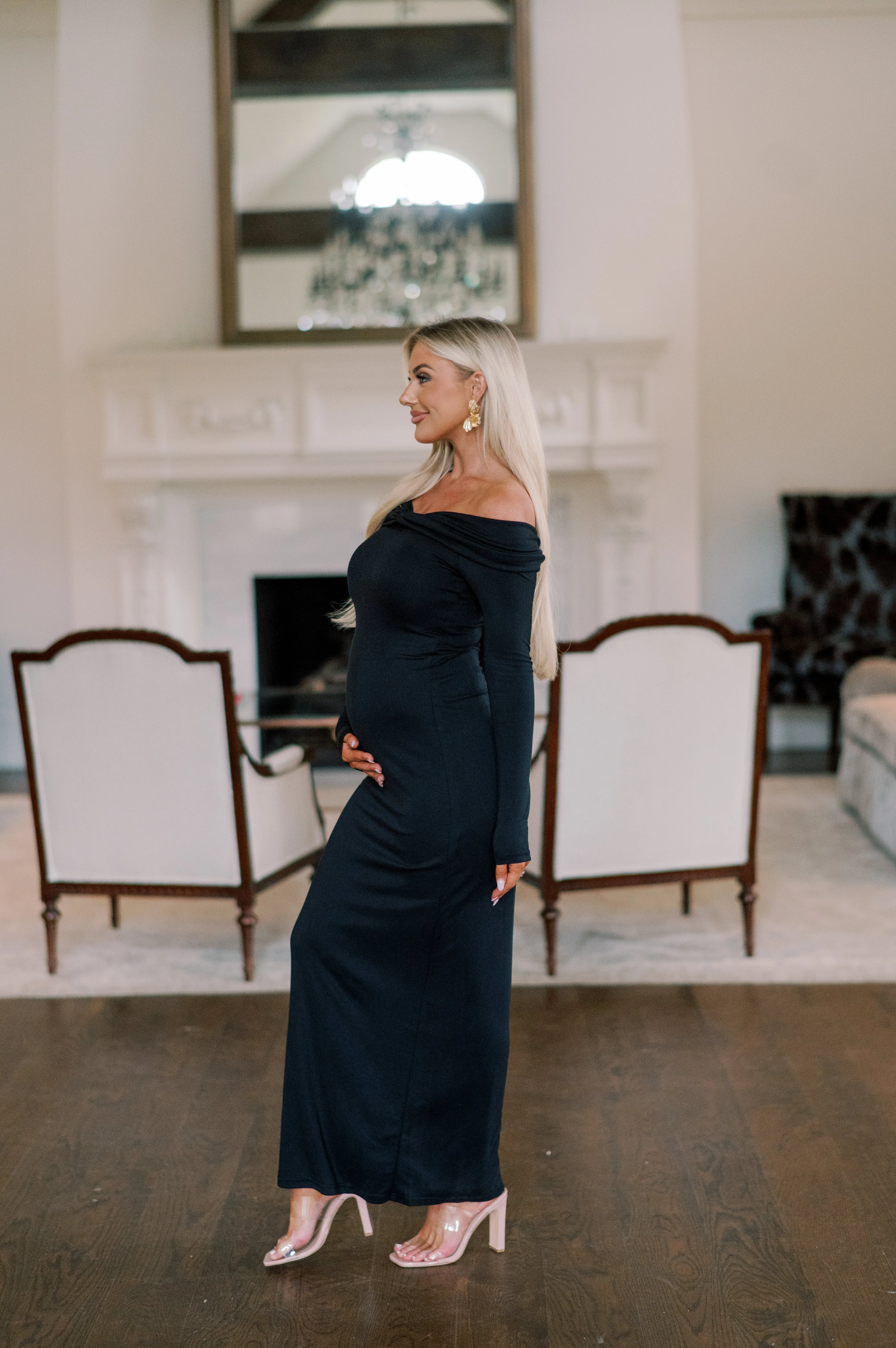 Off-Shoulder Ruched Maxi Dress- Black
