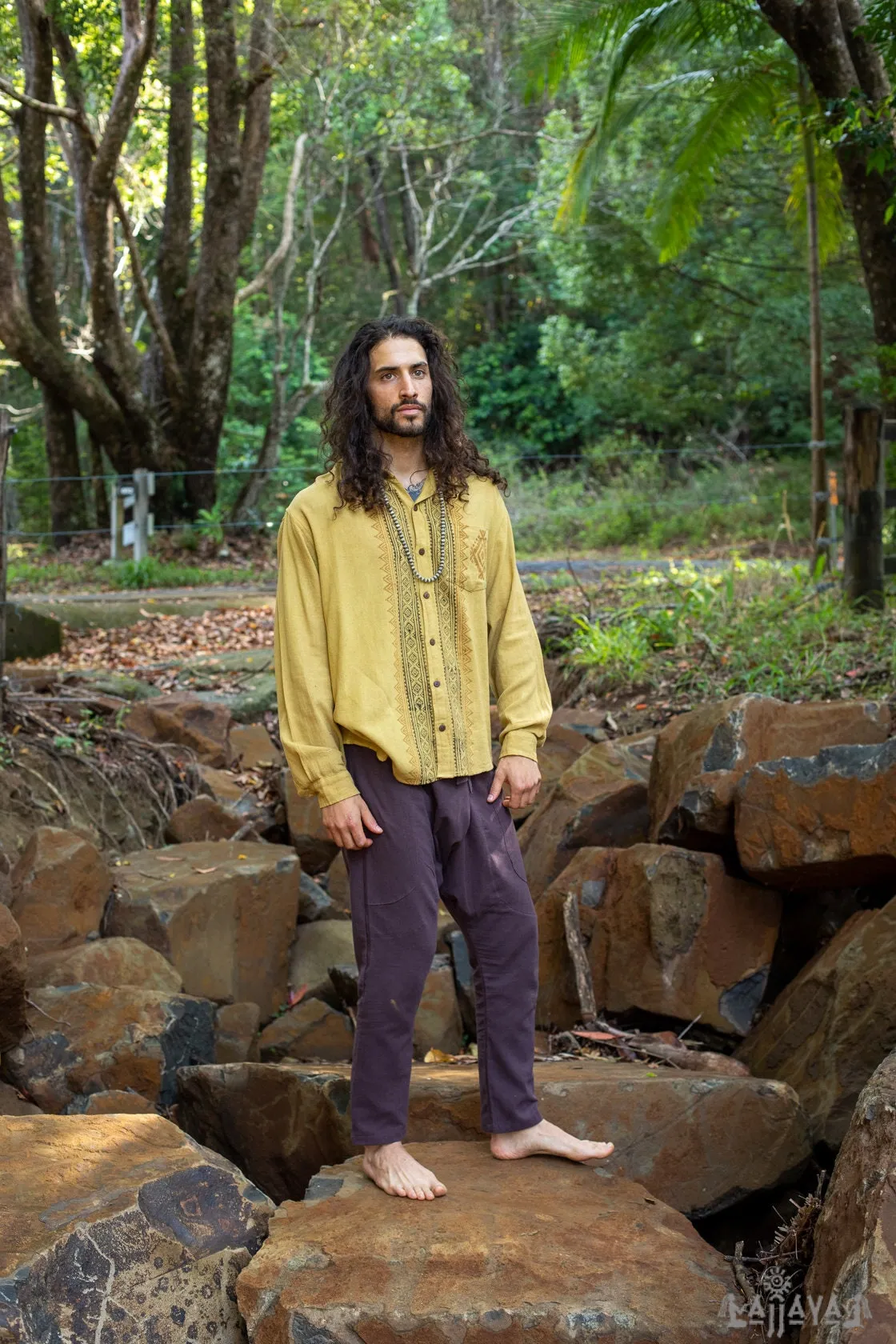 PABLO Mustard Yellow Mens Loose Button Down Collar Shirt Cotton Long Sleeve Top Naturally Dyed Block Printed Pattern Front Pocket Eco AJJAYA