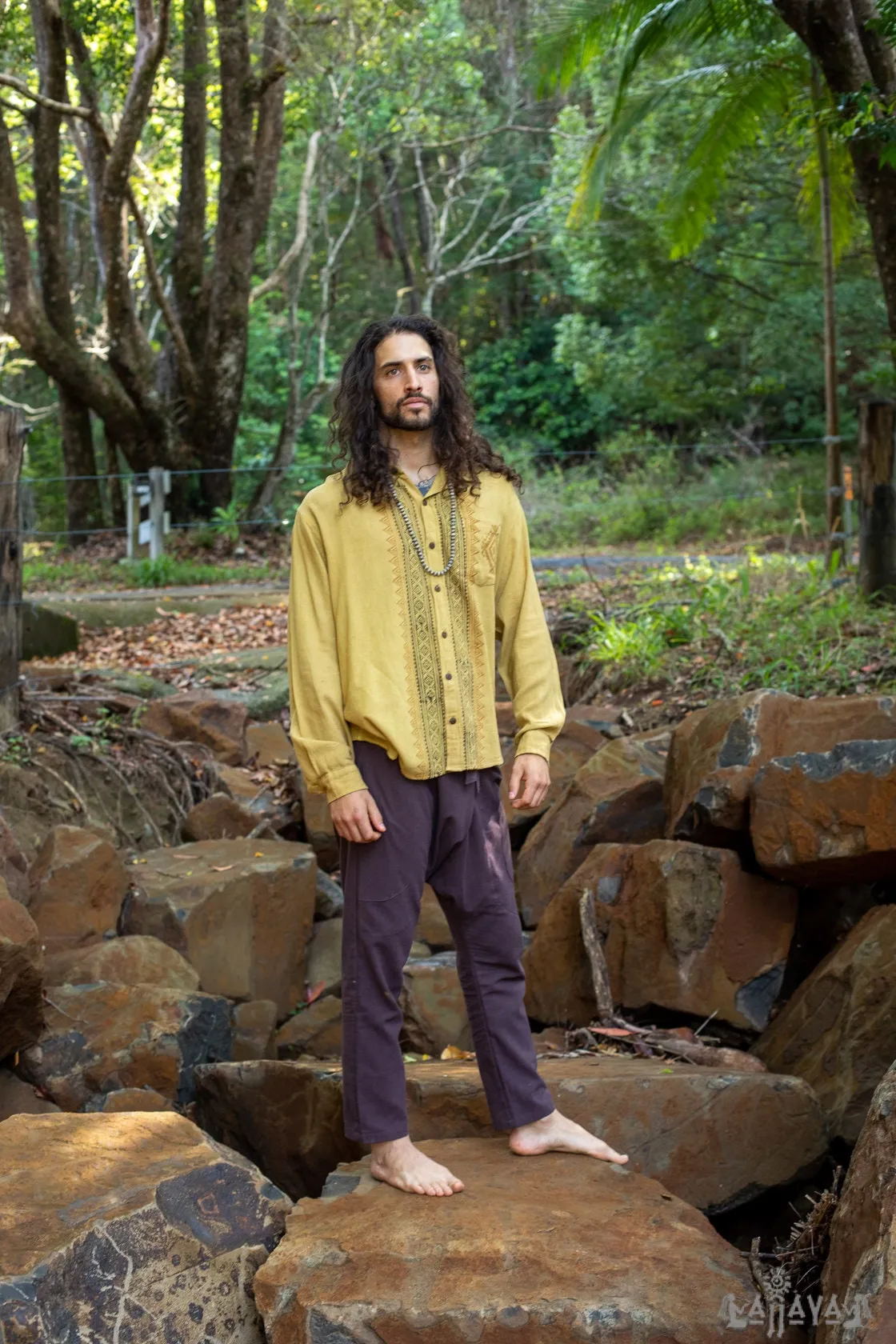 PABLO Mustard Yellow Mens Loose Button Down Collar Shirt Cotton Long Sleeve Top Naturally Dyed Block Printed Pattern Front Pocket Eco AJJAYA
