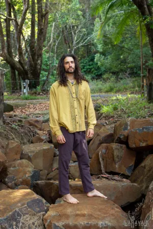 PABLO Mustard Yellow Mens Loose Button Down Collar Shirt Cotton Long Sleeve Top Naturally Dyed Block Printed Pattern Front Pocket Eco AJJAYA