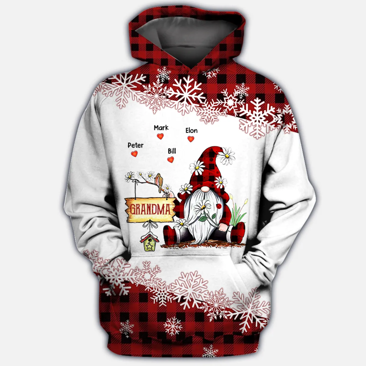 Personalized Grandma Gnome Grandkids Hearts Red Caro Hoodie 3d Christmas Hoodie For Mom Gigi Nana