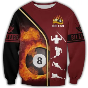Personalized Name 8 and 9 Ball Billiard Fire 3D Sweatshirt Zip Hoodie Shirt