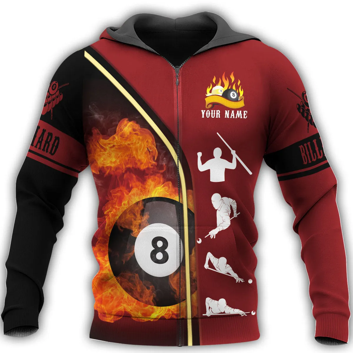 Personalized Name 8 and 9 Ball Billiard Fire 3D Sweatshirt Zip Hoodie Shirt