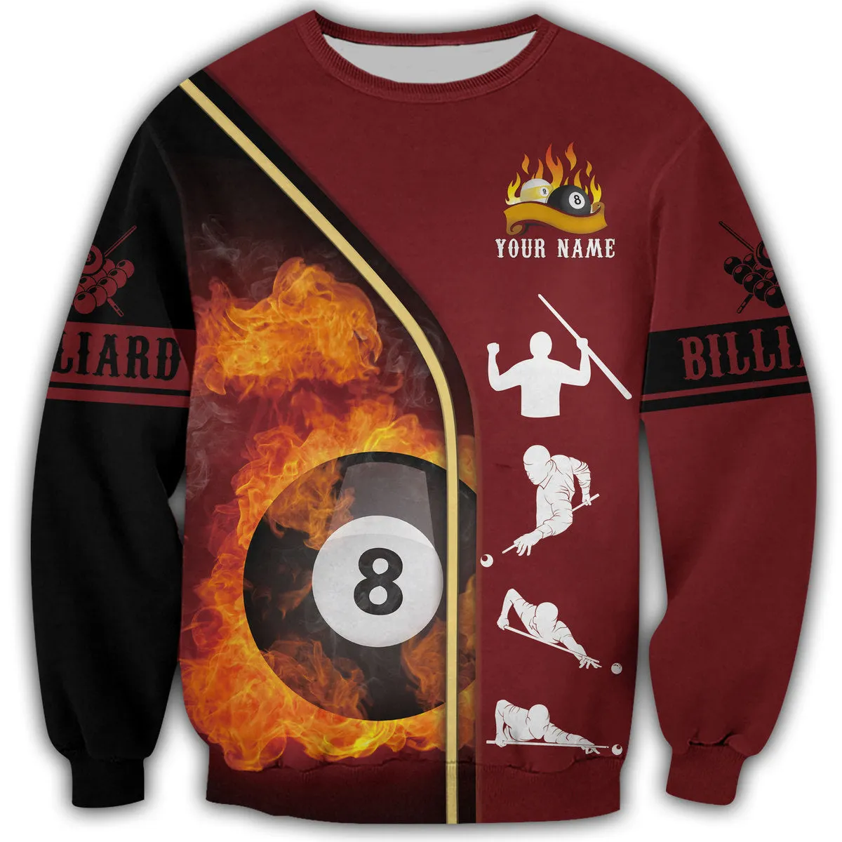 Personalized Name 8 and 9 Ball Billiard Fire 3D Sweatshirt Zip Hoodie Shirt