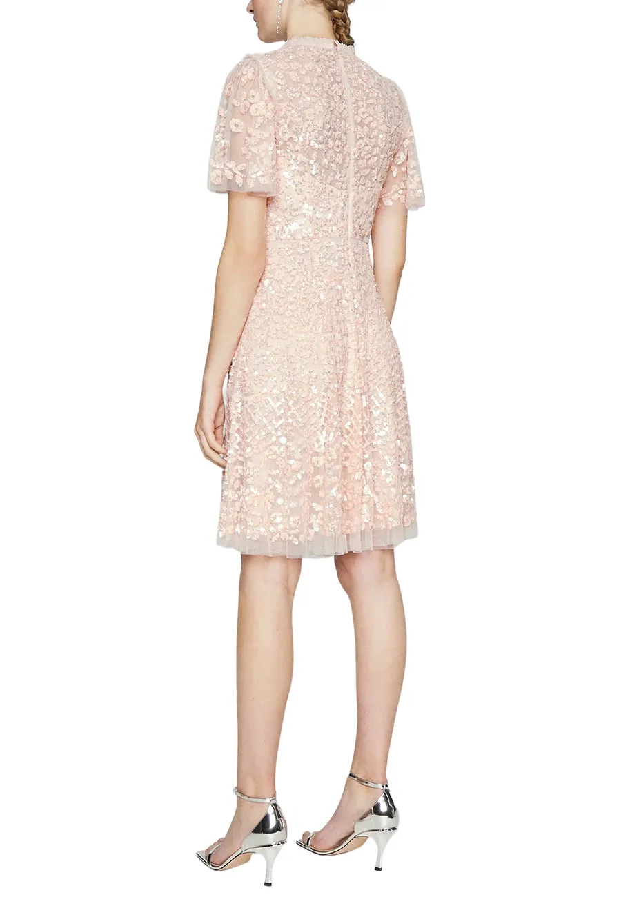 Pink Amalie Embellished Sequins Flutter Sleeves Mini Dress