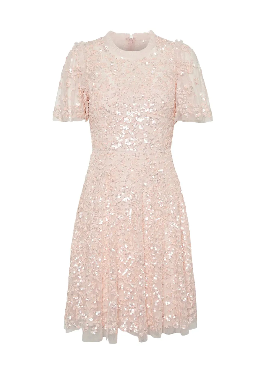 Pink Amalie Embellished Sequins Flutter Sleeves Mini Dress