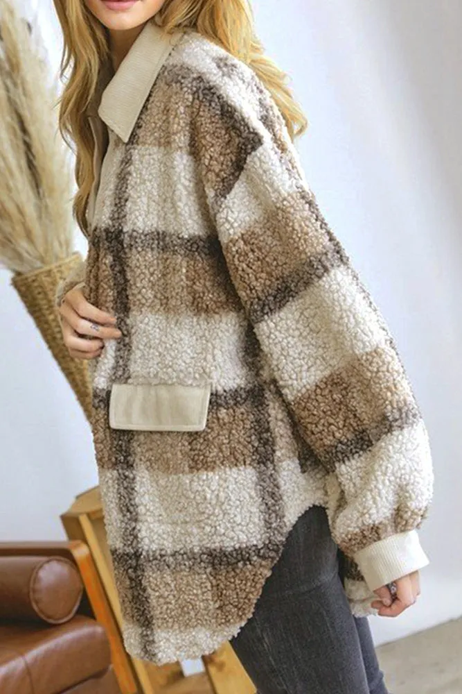 Plaid Open Button Pockets Sherpa Winter Oufits Jackets