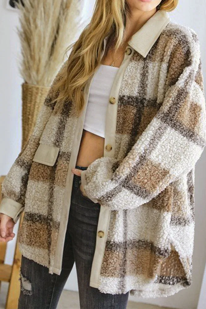 Plaid Open Button Pockets Sherpa Winter Oufits Jackets