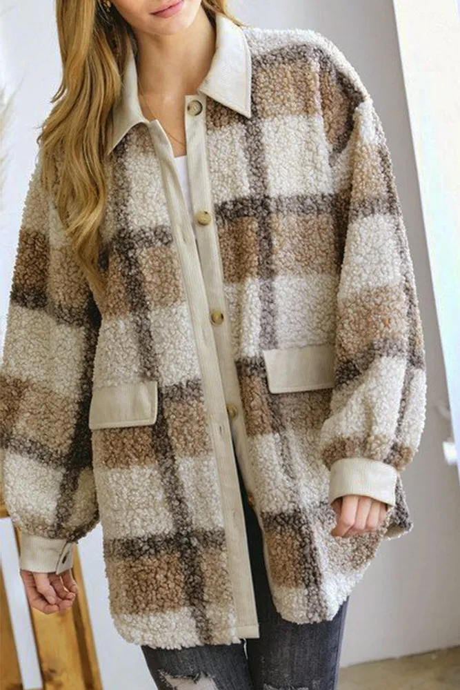 Plaid Open Button Pockets Sherpa Winter Oufits Jackets