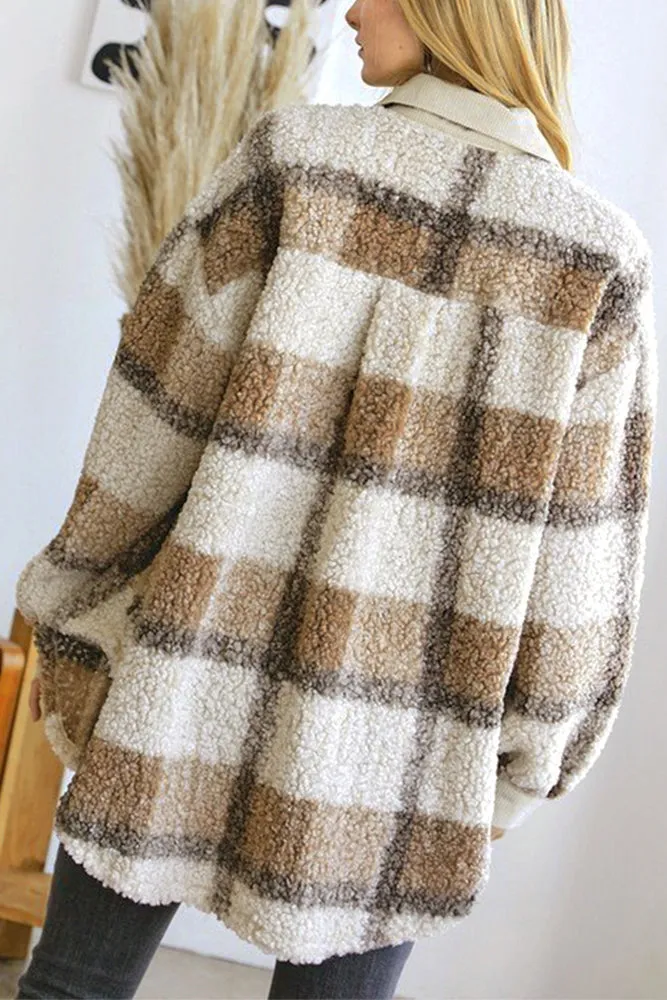 Plaid Open Button Pockets Sherpa Winter Oufits Jackets