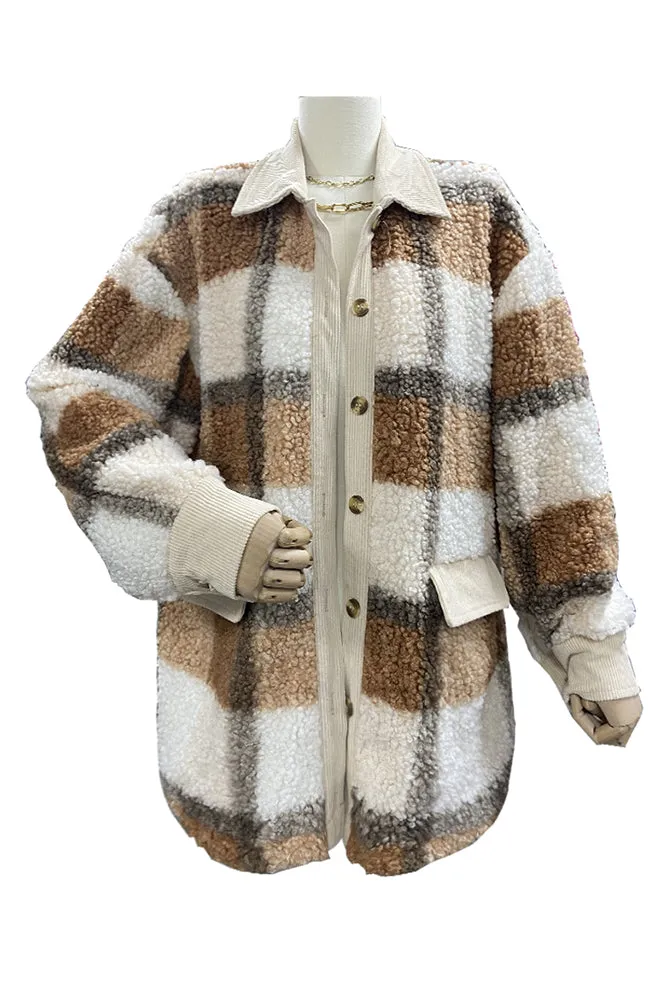 Plaid Open Button Pockets Sherpa Winter Oufits Jackets