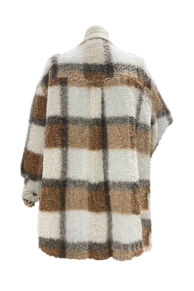 Plaid Open Button Pockets Sherpa Winter Oufits Jackets
