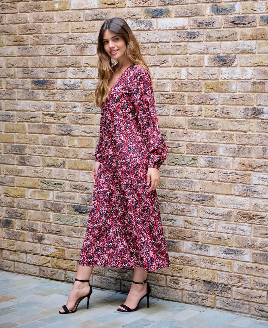 Red Floral Printed Long Sleeve Midi Dress