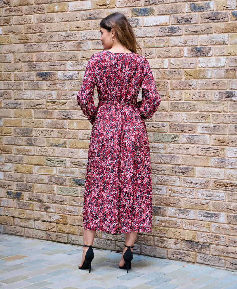 Red Floral Printed Long Sleeve Midi Dress