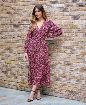 Red Floral Printed Long Sleeve Midi Dress