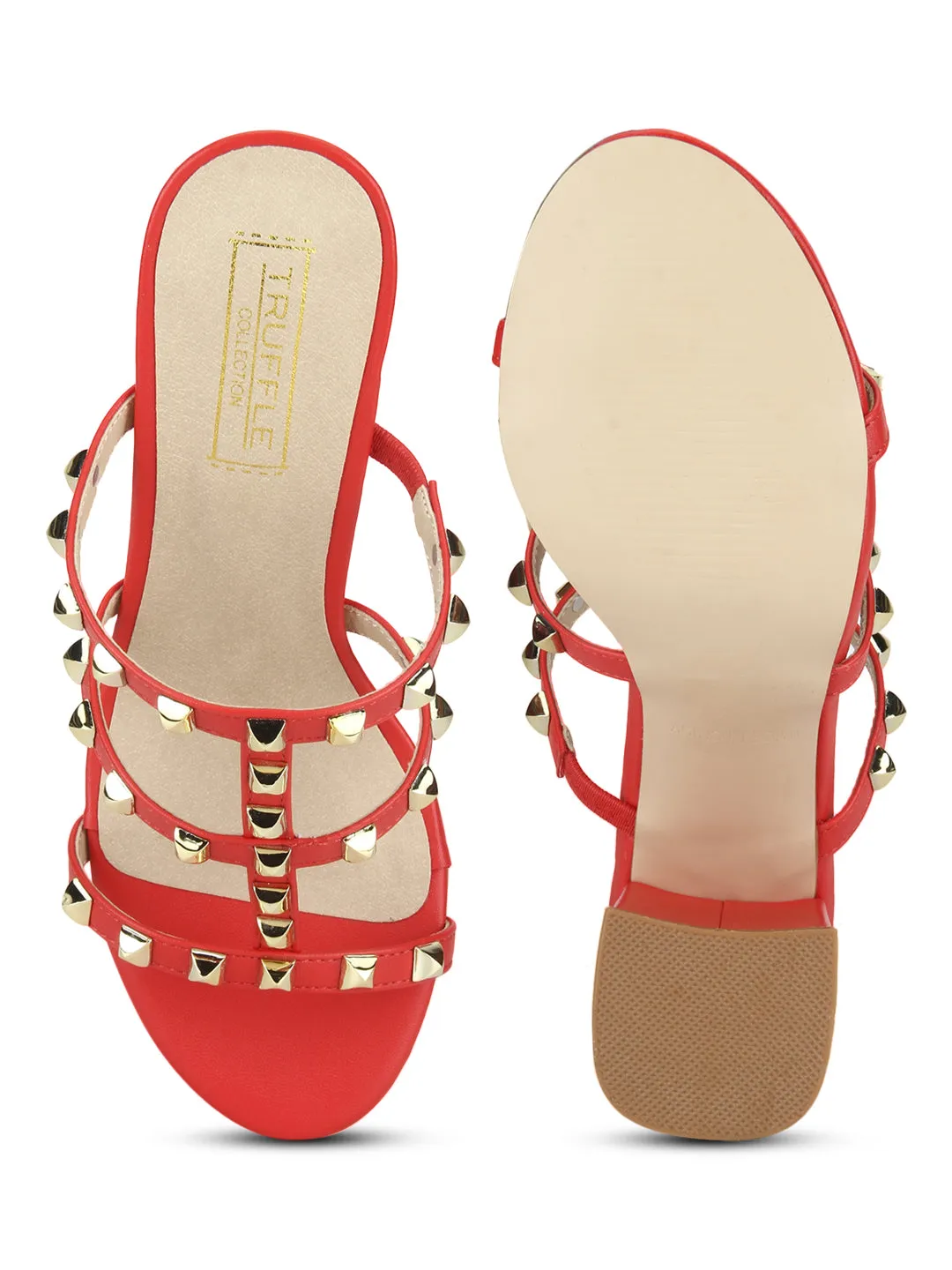 Red Pu Studded Block Heels