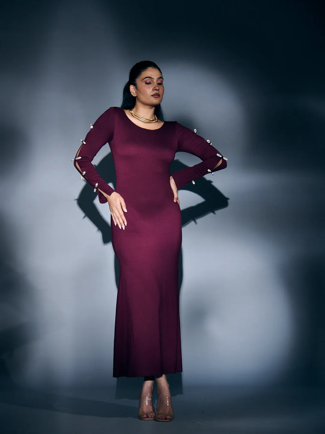 RHINESTONE SLEEVE BOW MAXI DRESS