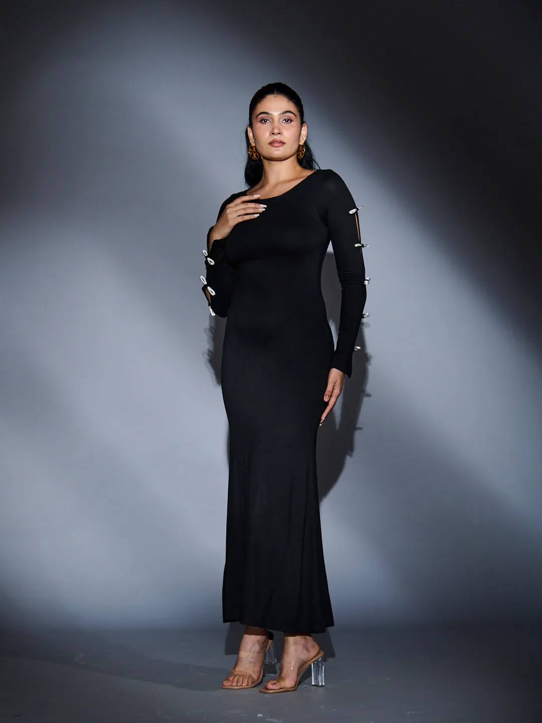 RHINESTONE SLEEVE BOW MAXI DRESS
