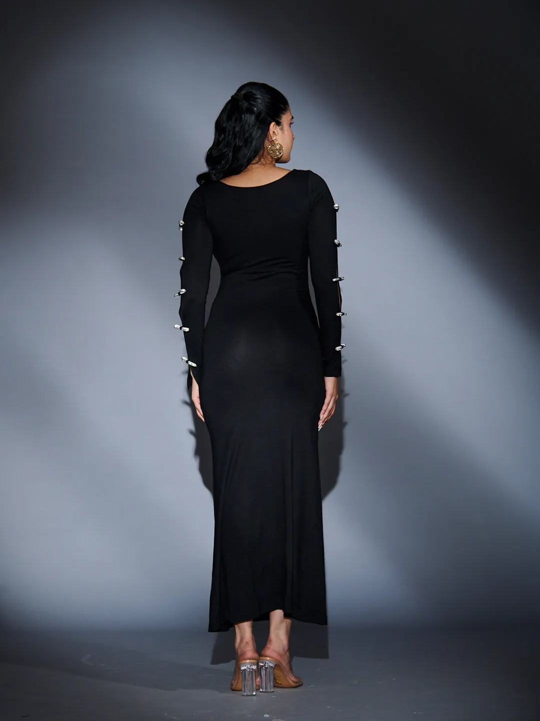 RHINESTONE SLEEVE BOW MAXI DRESS