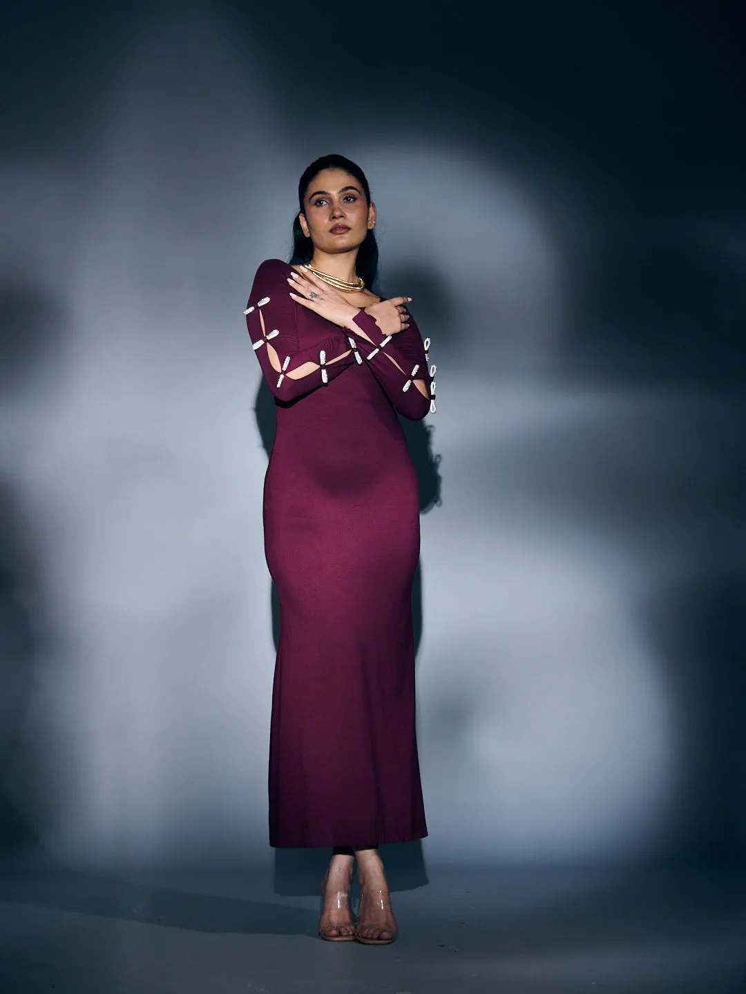 RHINESTONE SLEEVE BOW MAXI DRESS