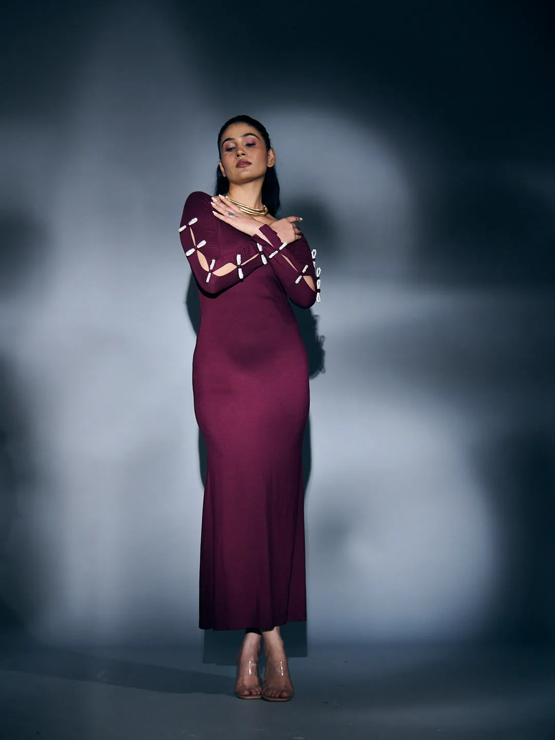 RHINESTONE SLEEVE BOW MAXI DRESS