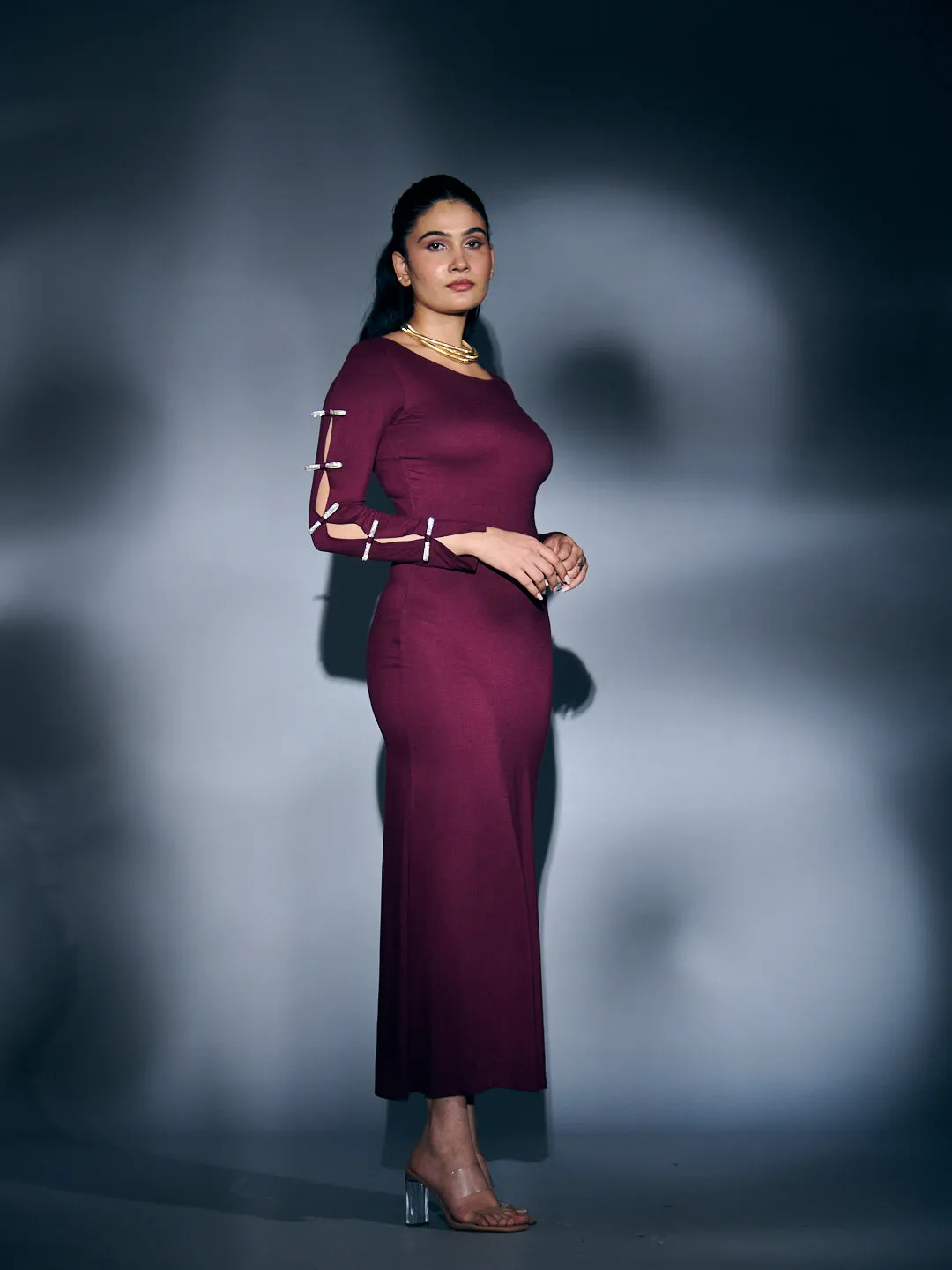 RHINESTONE SLEEVE BOW MAXI DRESS