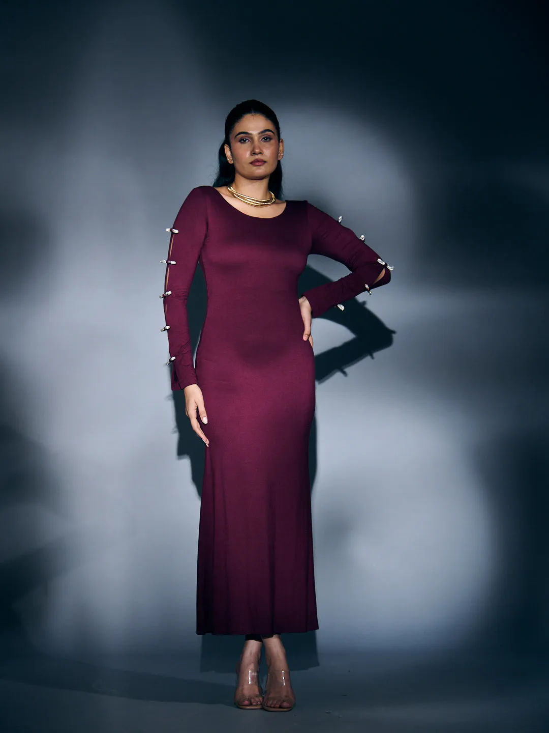 RHINESTONE SLEEVE BOW MAXI DRESS