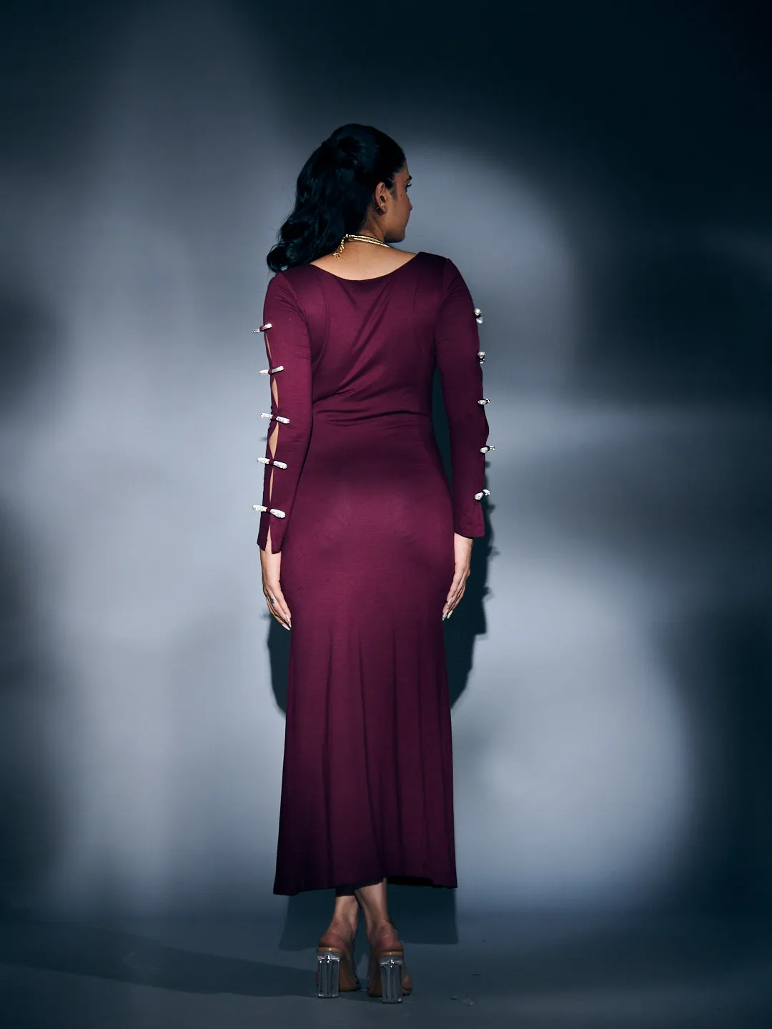 RHINESTONE SLEEVE BOW MAXI DRESS