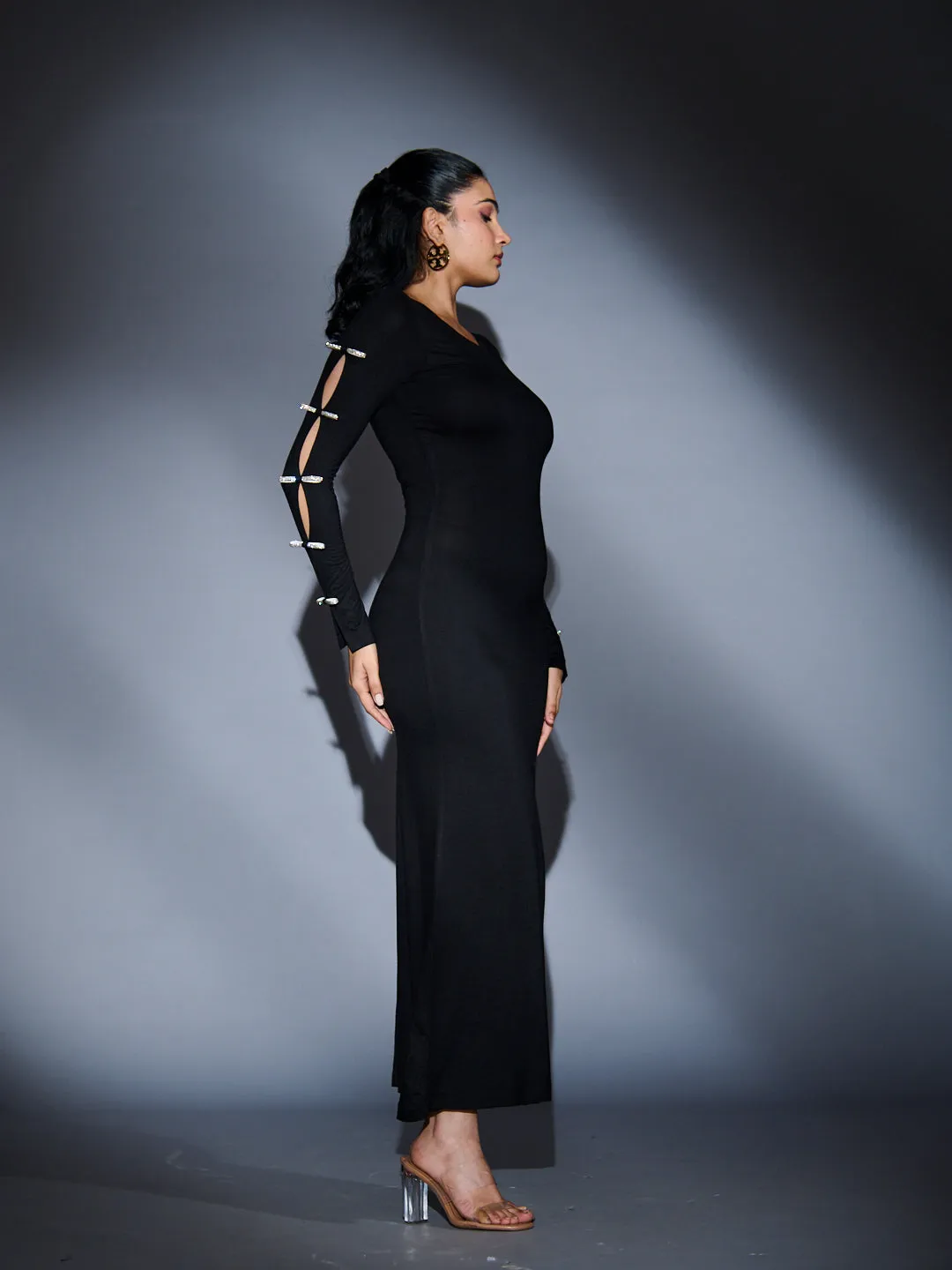 RHINESTONE SLEEVE BOW MAXI DRESS