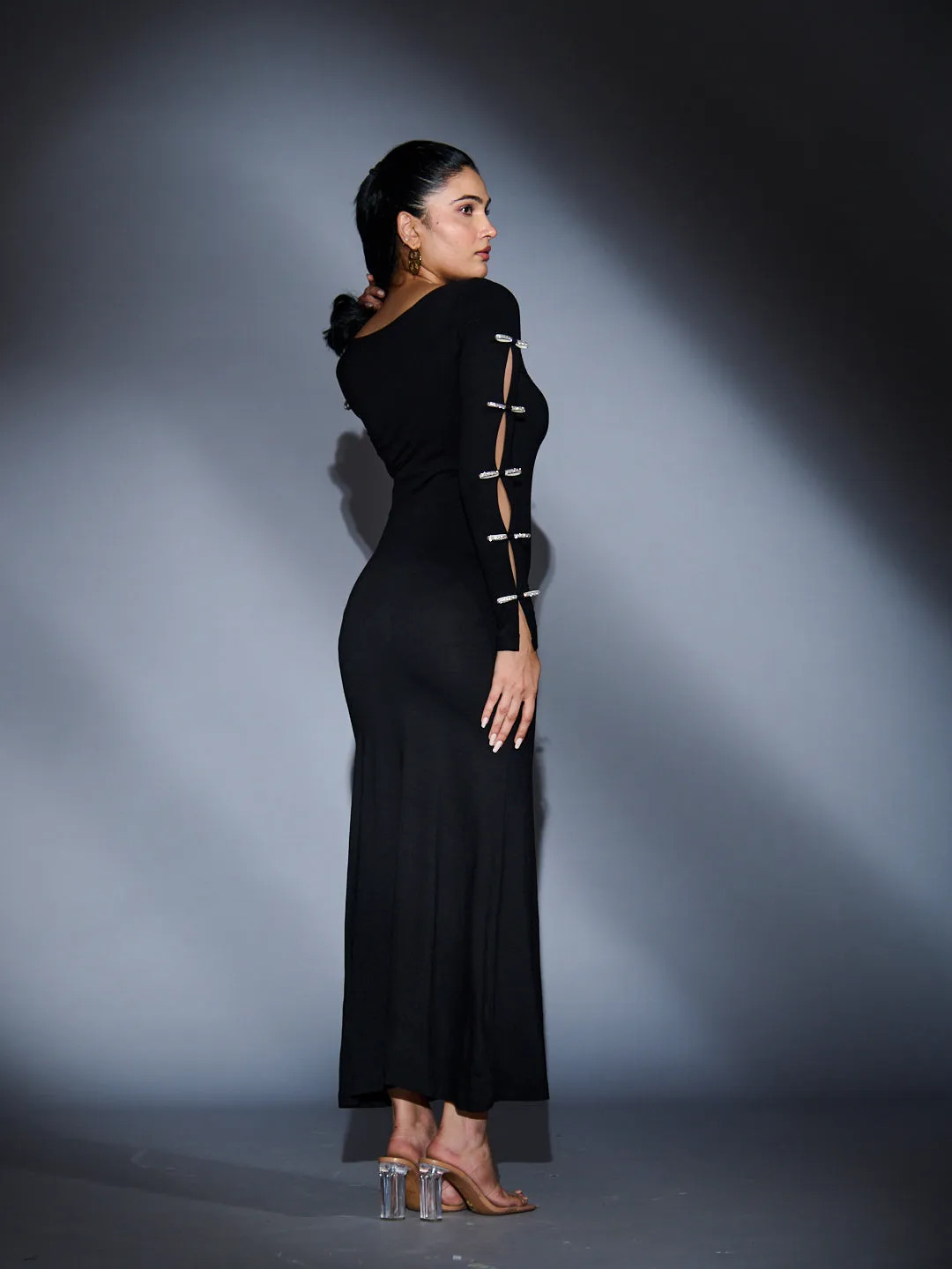 RHINESTONE SLEEVE BOW MAXI DRESS
