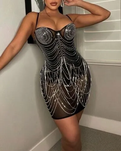 Rhinestone Tassel Decor Sheer Mesh Dress