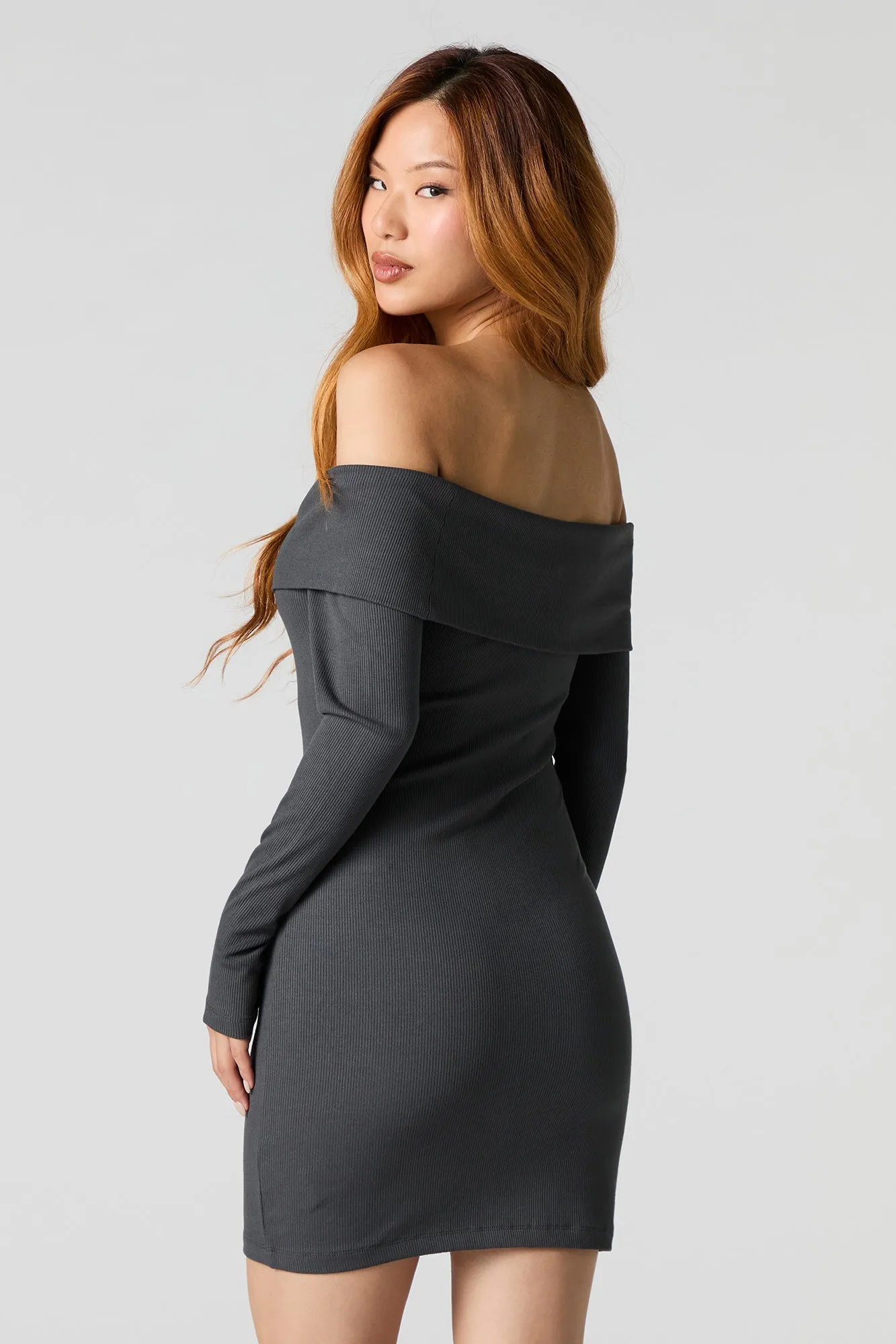 Ribbed Off Shoulder Long Sleeve Mini Dress