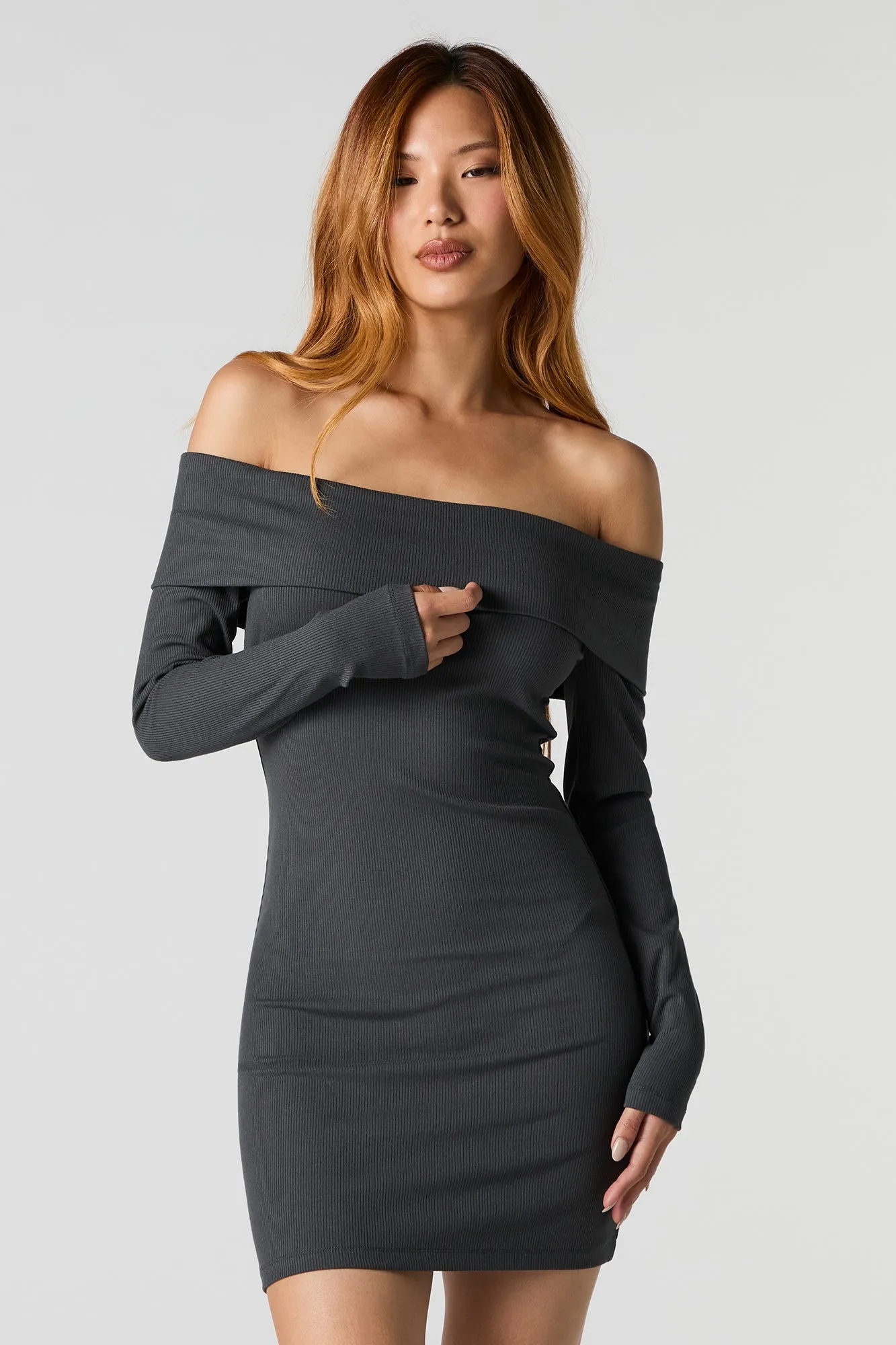 Ribbed Off Shoulder Long Sleeve Mini Dress