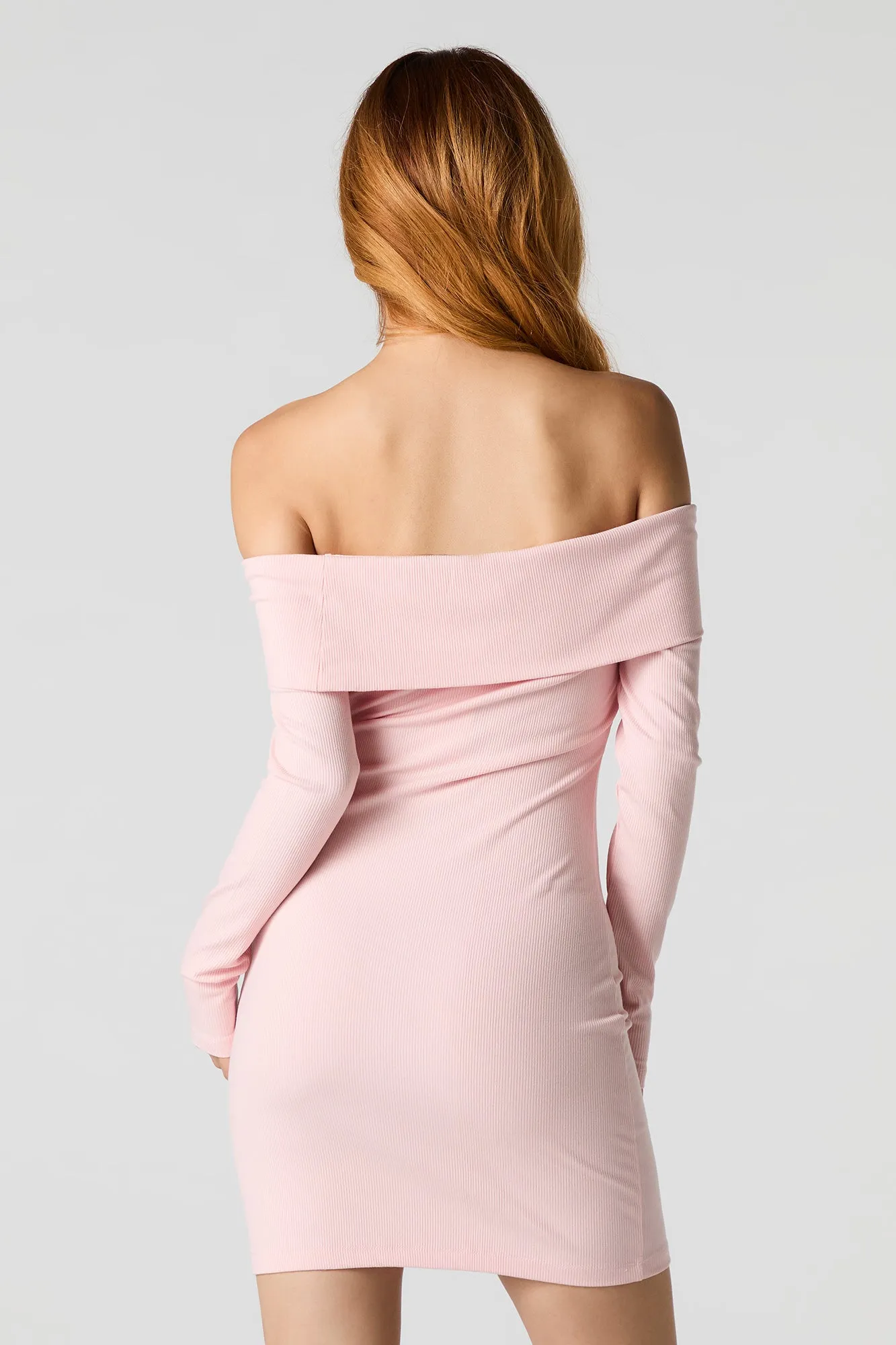 Ribbed Off Shoulder Long Sleeve Mini Dress