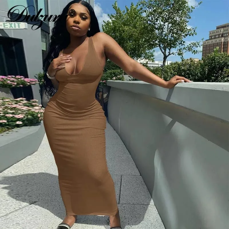 Ribbed Sleeveless V-Neck Bodycon Dress