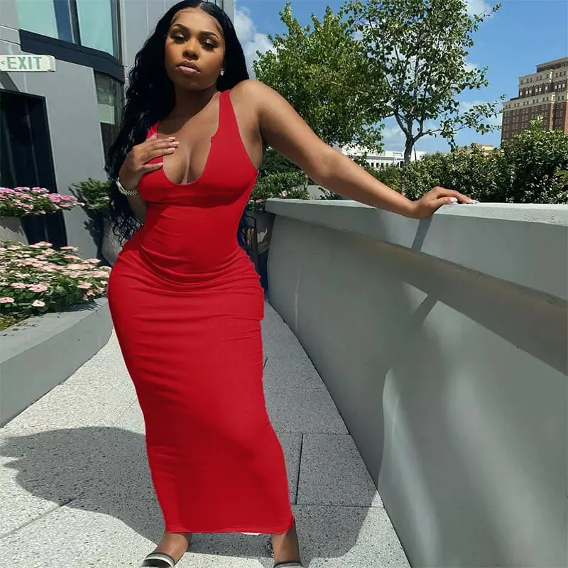 Ribbed Sleeveless V-Neck Bodycon Dress