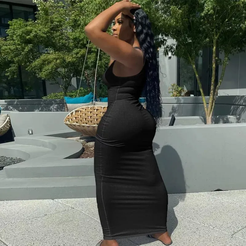 Ribbed Sleeveless V-Neck Bodycon Dress