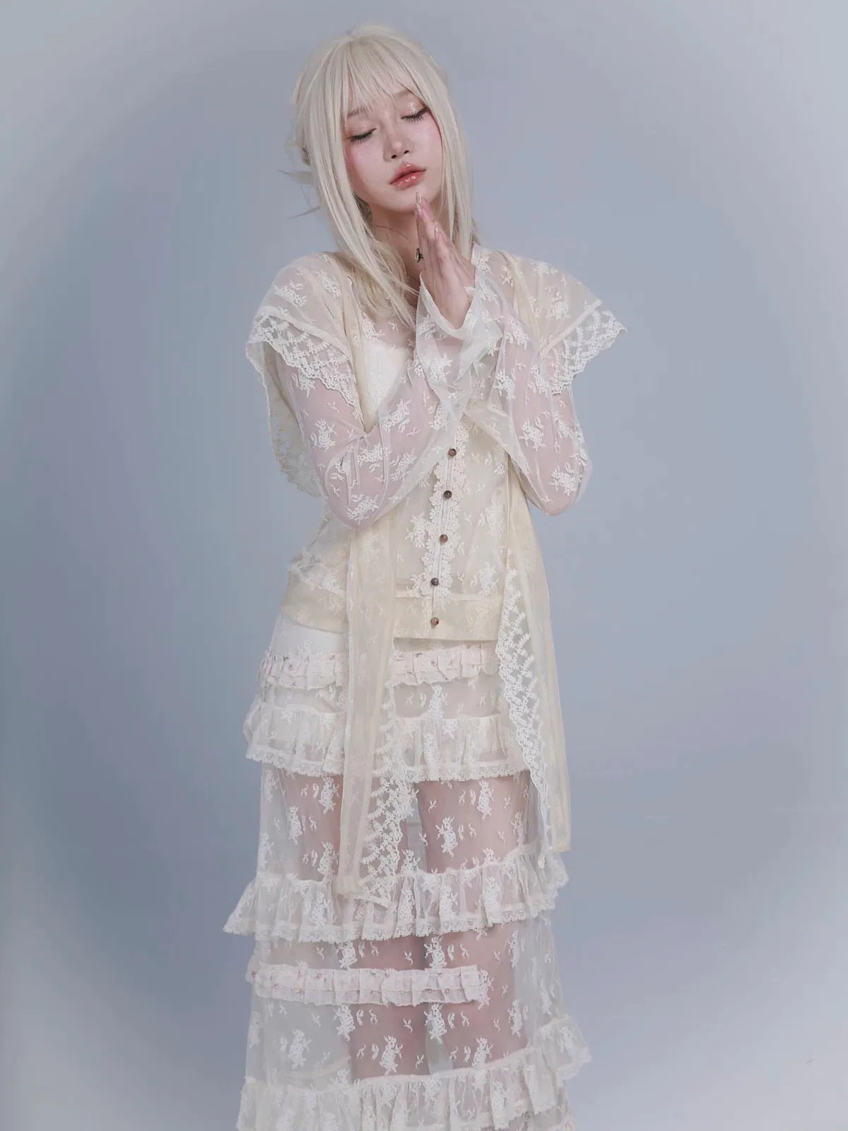 Rose Island AW24 Elf Guardian - Elf in mist lace midi skirt with inner shorts