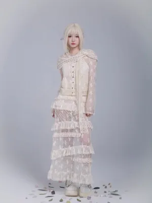 Rose Island AW24 Elf Guardian - Elf in mist lace midi skirt with inner shorts
