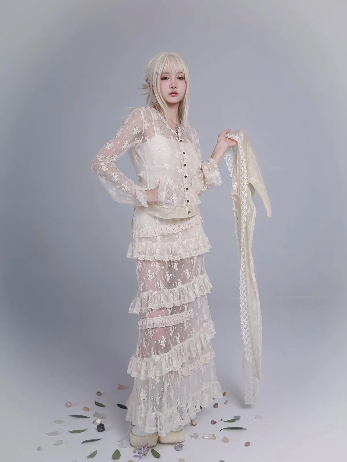 Rose Island AW24 Elf Guardian - Elf in mist lace midi skirt with inner shorts