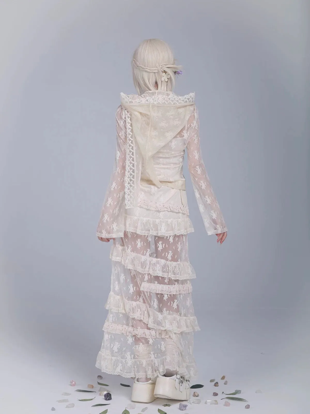 Rose Island AW24 Elf Guardian - Elf in mist lace midi skirt with inner shorts