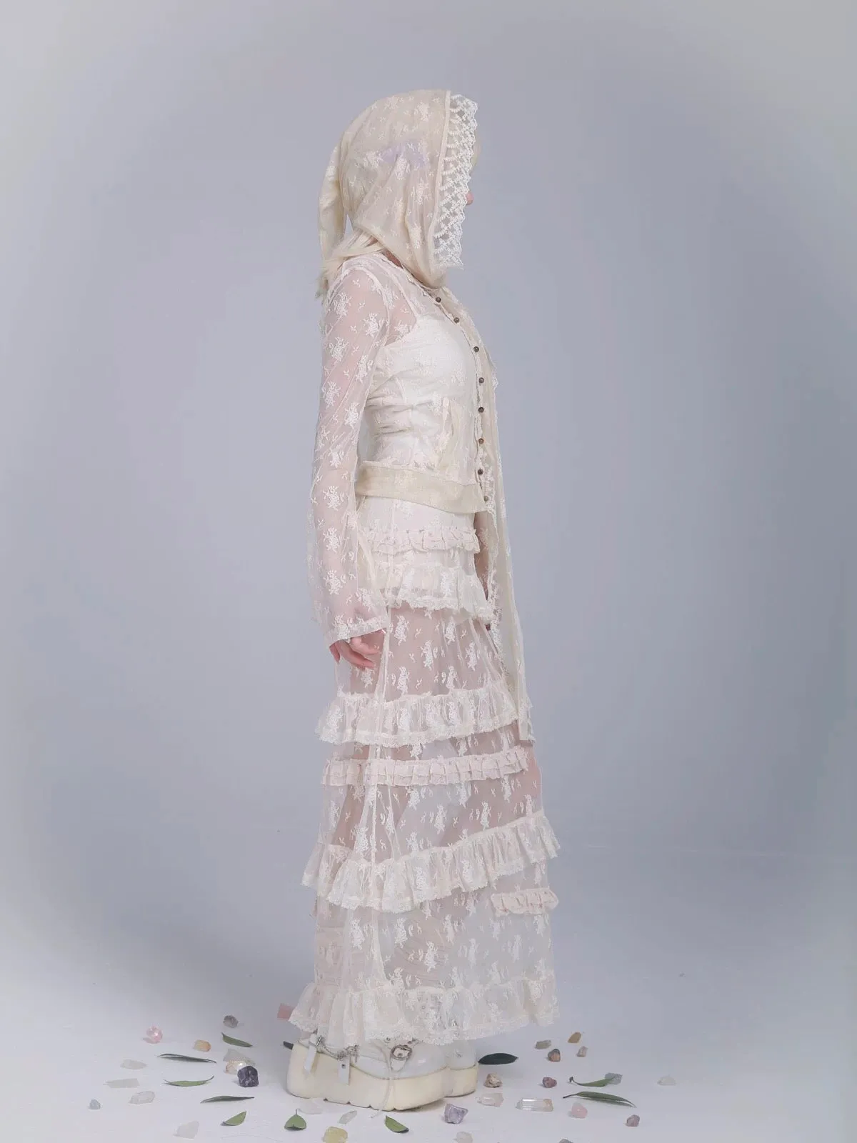 Rose Island AW24 Elf Guardian - Elf in mist lace midi skirt with inner shorts